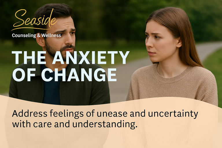 Two people in conversation outdoors, reflecting together about life transitions and emotional growth — representing the anxiety and adaptation that come with change.