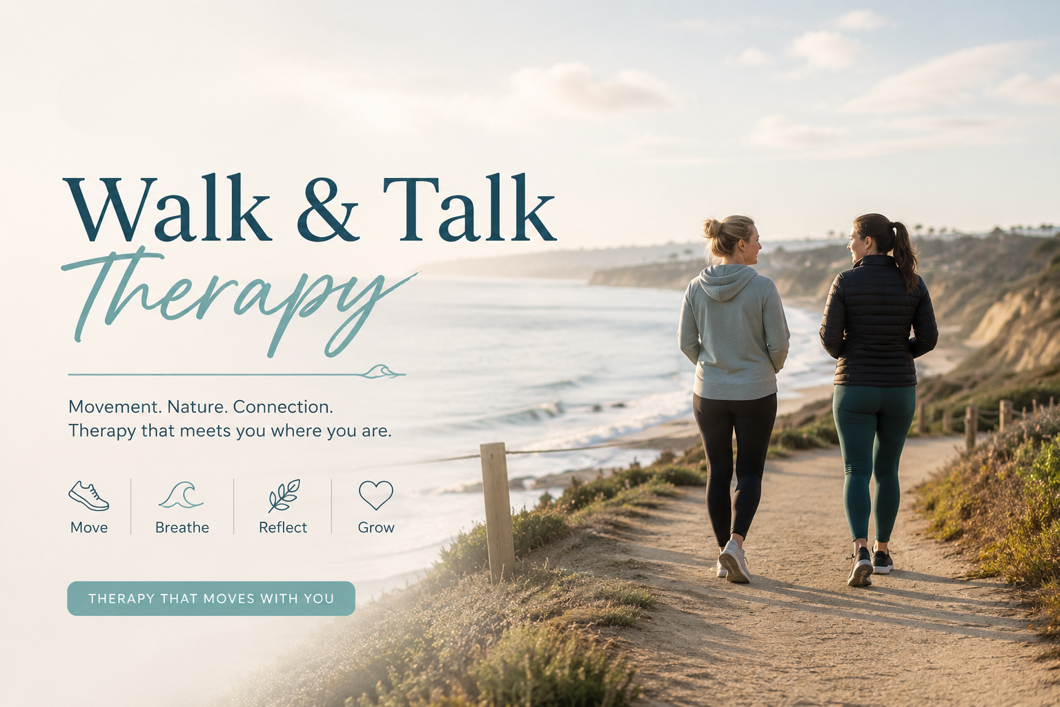 Two people walking along a coastal path for Walk and Talk Therapy in Mount Pleasant SC