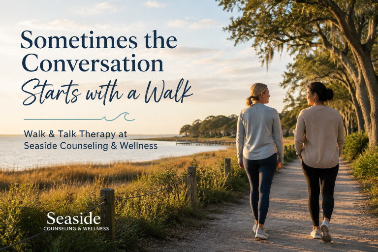 Walk & Talk Therapy session along a coastal path in Mount Pleasant South Carolina.