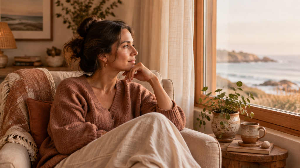 Person sitting quietly by a window in warm amber and terracotta tones, reflecting on when to speak or stay silent